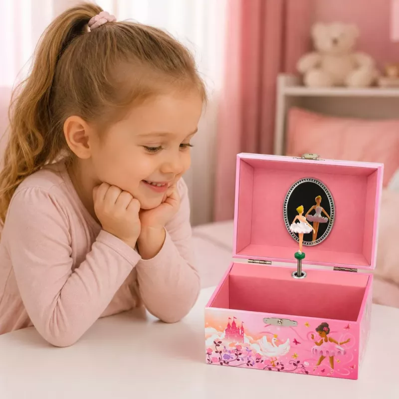 LEAN TOYS Caixa de música de corda caixa de joias para crianças com espelho rosa