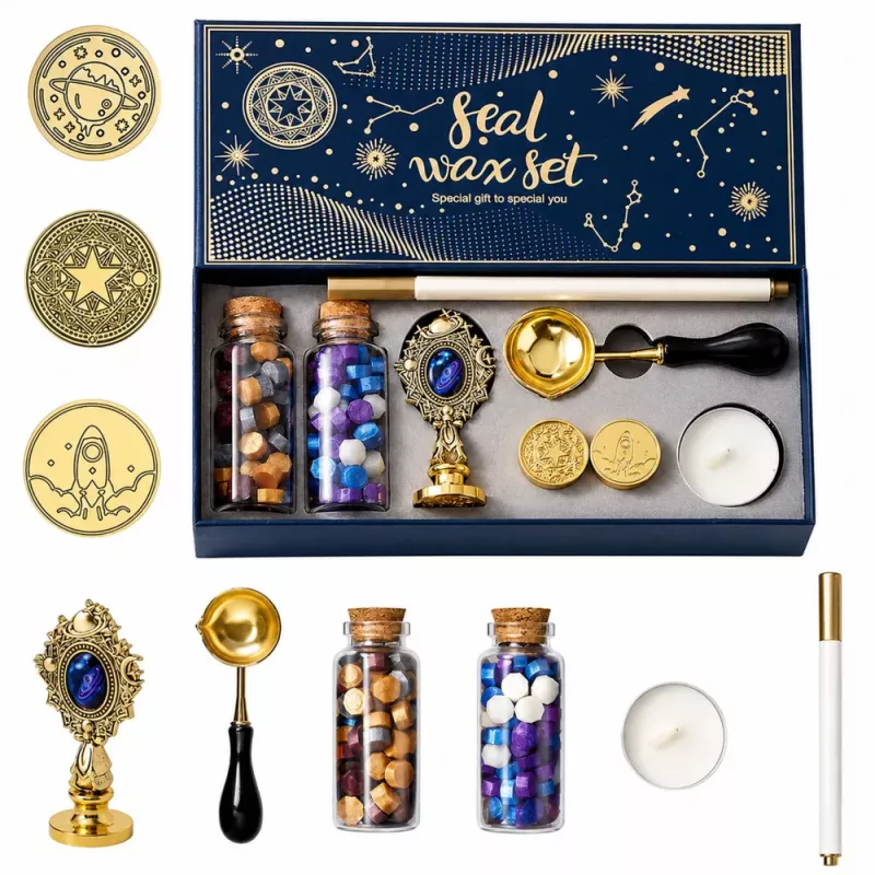 LEAN TOYS Conjunto de selos de cera carimbo de cera para decorar - conjunto de 6 peças com carimbo de latão, colher de derreter, varetas de cera e vela