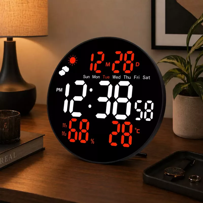 LEAN Relógio de parede digital LED data temperatura humidade alarme com controlo remoto 25 cm