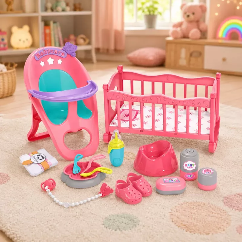LEAN TOYS Boneca bebé interativa com função de fazer chichi, carrinho, berço e acessórios conjunto 3 em 1