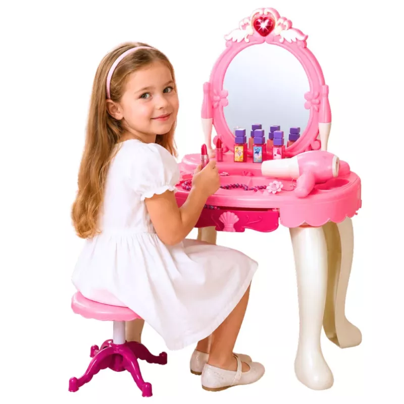 LEAN TOYS Penteadeira infantil com cadeira, luzes, secador, acessórios, sons, rosa