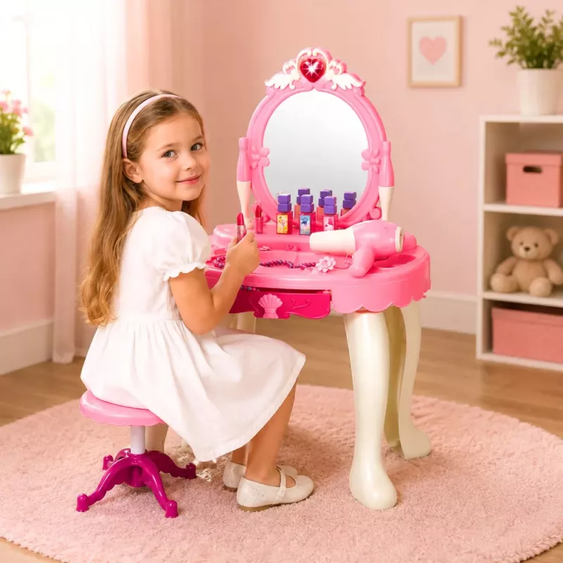 LEAN TOYS Penteadeira infantil com cadeira, luzes, secador, acessórios, sons, rosa