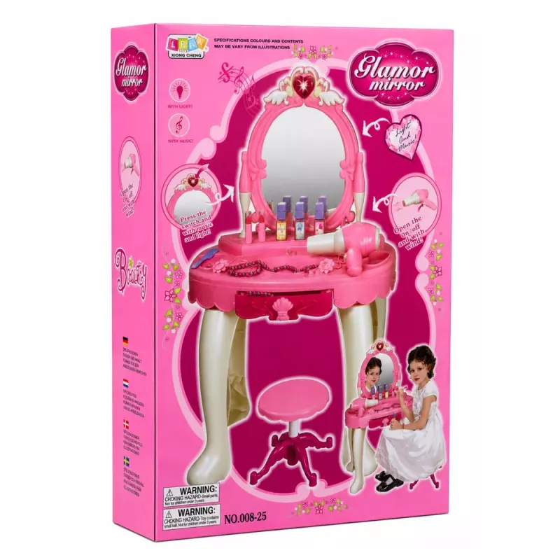 LEAN TOYS Penteadeira infantil com cadeira, luzes, secador, acessórios, sons, rosa
