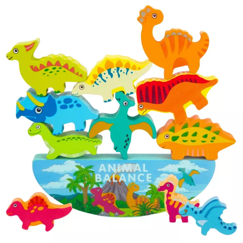LEAN TOYS Torre de Dinossauros Jogo de Equilíbrio Jogo de Destreza em Blocos de Madeira 12 peças