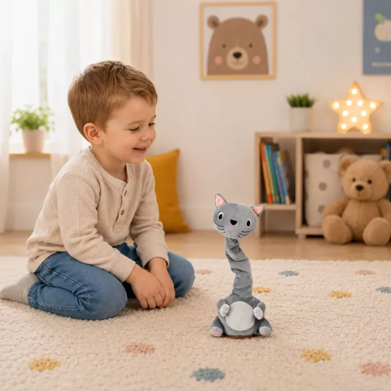 LEAN TOYS Gato de Peluche Dançante Brinquedo Interativo com Música e Sons Mascote Cinzento