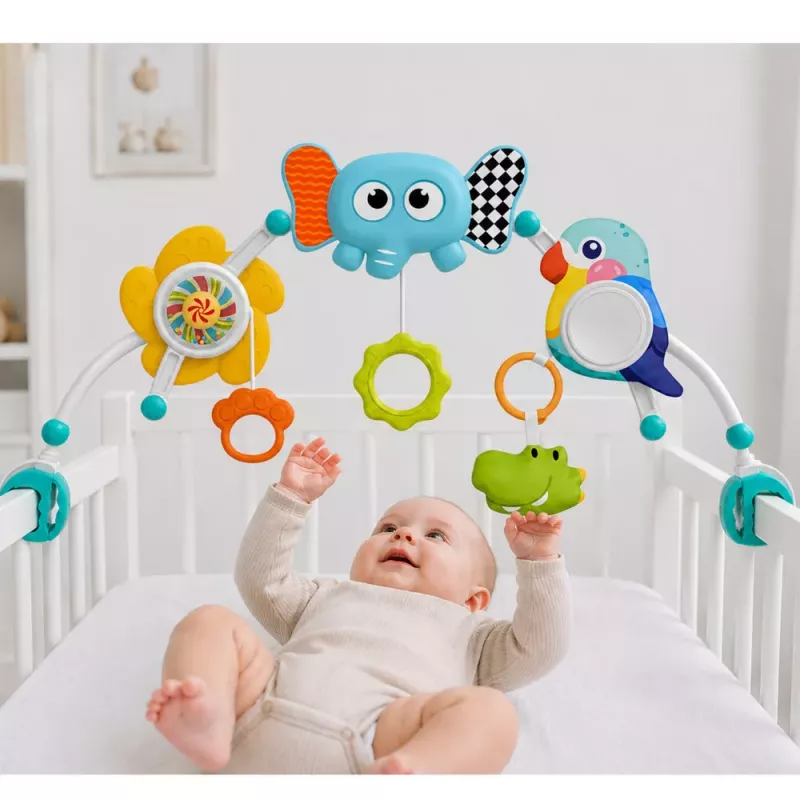 LEAN TOYS Arco Sensorial com Elefante para Berço, Cadeira de Auto, Carrinho de Bebé, Espelho, Chocalho