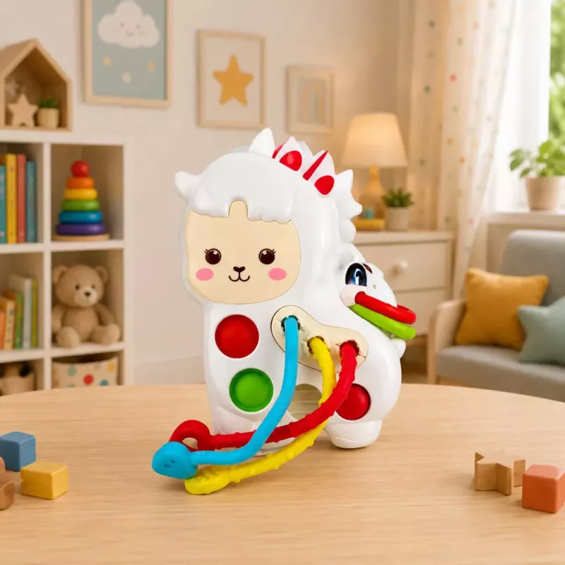 LEAN TOYS Brinquedo Sensorial para Bebés Lhama com Cordões Pop-It Contas