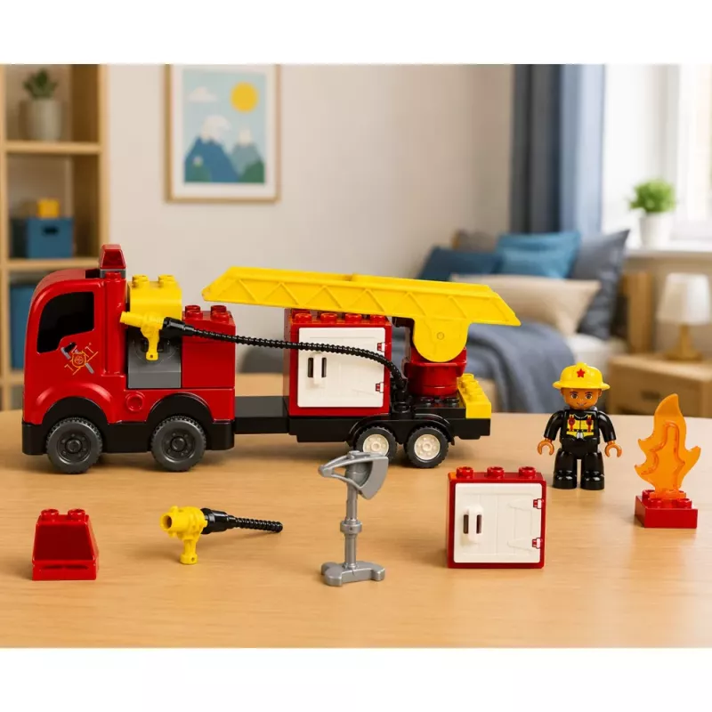 LEAN TOYS Bombeiros Camião de Bombeiros Motorizado Figura de Bombeiro Conjunto de Blocos de Construção