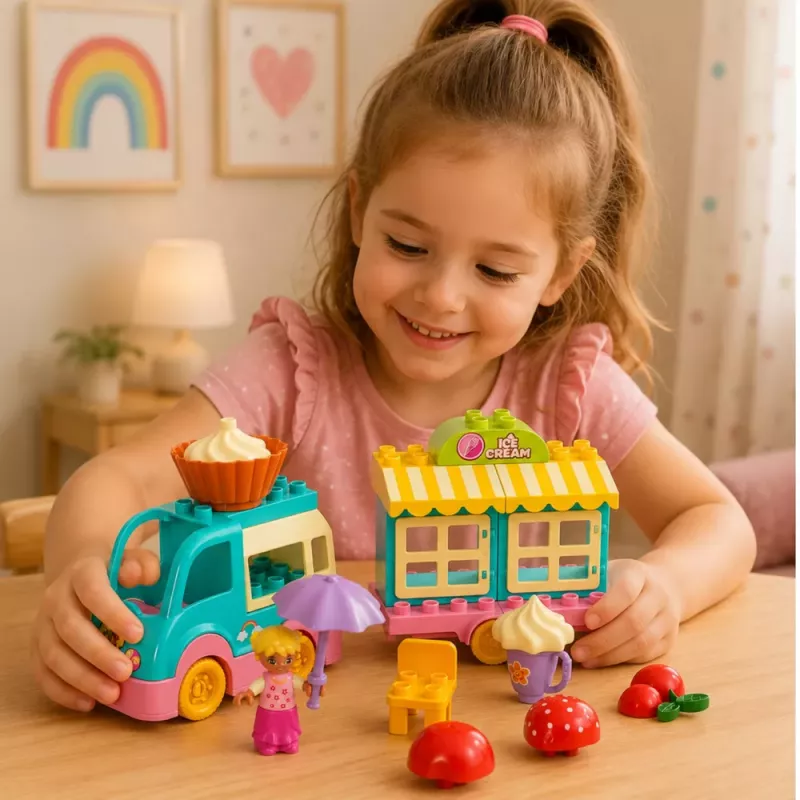 LEAN TOYS Carrinho de Gelataria com Figura de Menina Motorizada Sobremesas Conjunto de Blocos de Construção
