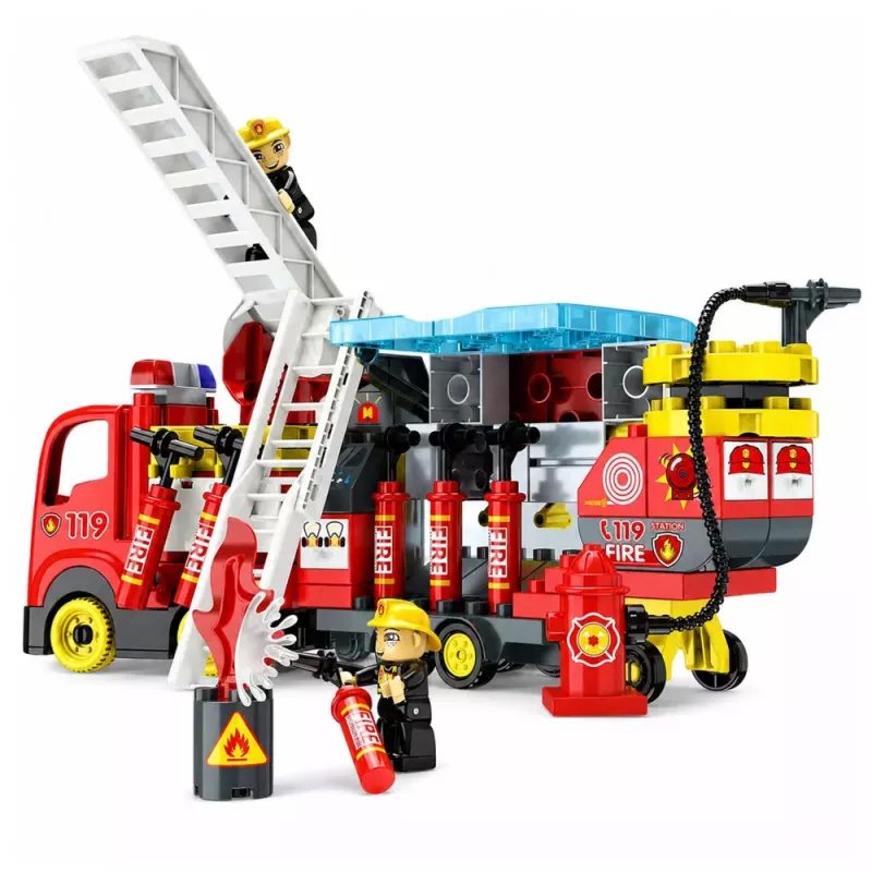 LEAN TOYS Camião de Bombeiros Dobrável Conjunto de Blocos de Construção com Figuras de Bombeiros, Luz e Som, 94 peças