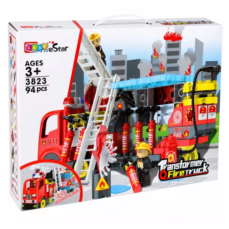 LEAN TOYS Camião de Bombeiros Dobrável Conjunto de Blocos de Construção com Figuras de Bombeiros, Luz e Som, 94 peças
