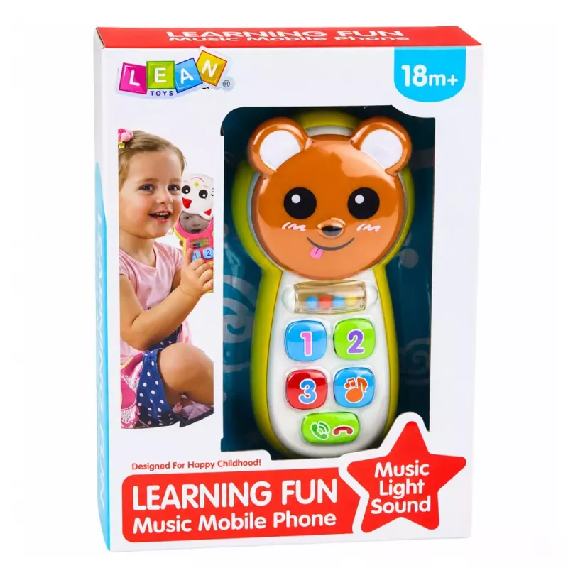 LEAN TOYS Telefone de Bebé Interativo Urso de Peluche com Espelho, Chocalho, Luzes e Sons
