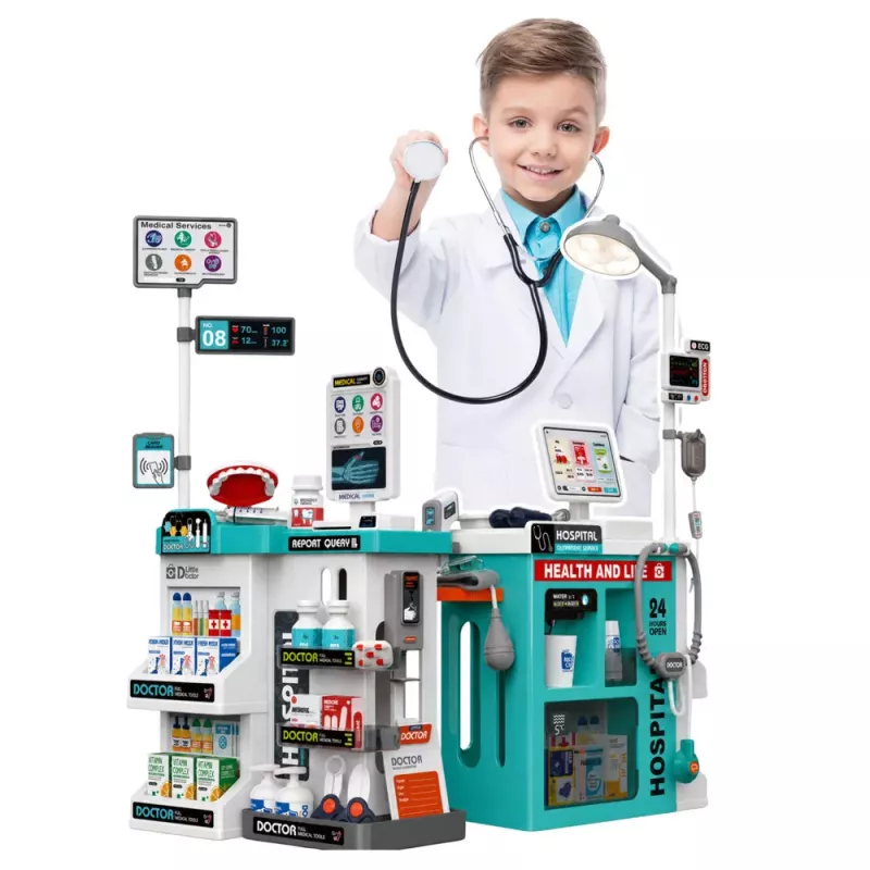 LEAN TOYS Grande Conjunto de Médico com Mesa de Tratamento, Luz e Som, Acessórios, 77 peças
