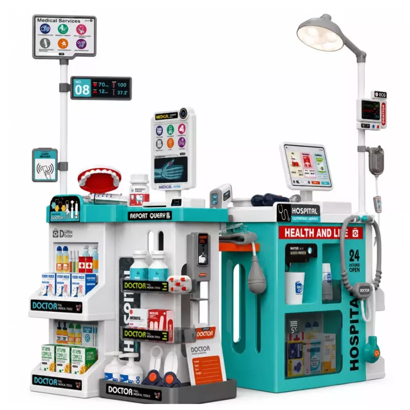 LEAN TOYS Grande Conjunto de Médico com Mesa de Tratamento, Luz e Som, Acessórios, 77 peças