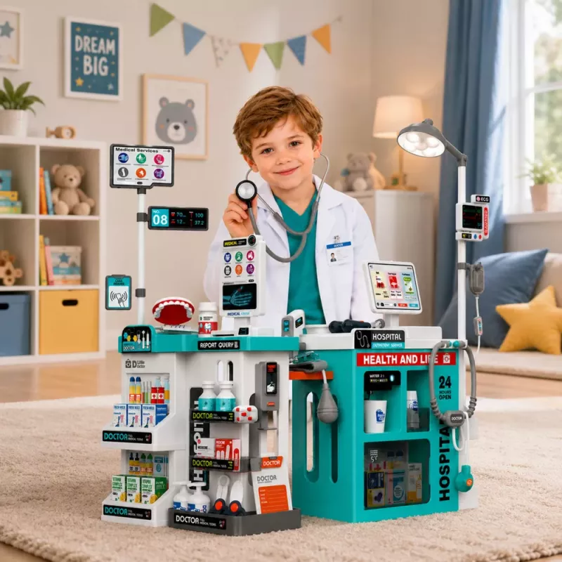 LEAN TOYS Grande Conjunto de Médico com Mesa de Tratamento, Luz e Som, Acessórios, 77 peças
