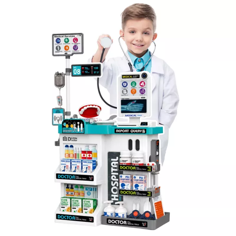 LEAN TOYS Grande Conjunto de Médico com Mesa de Tratamento, Luzes, Sons e Acessórios, 61 peças