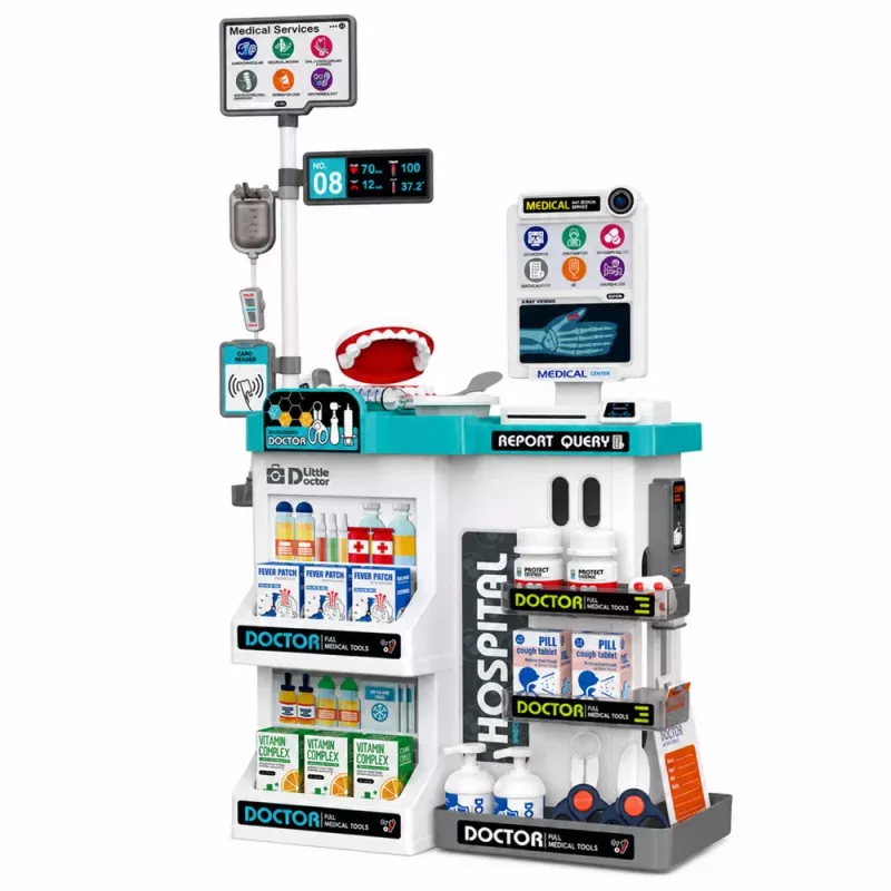 LEAN TOYS Grande Conjunto de Médico com Mesa de Tratamento, Luzes, Sons e Acessórios, 61 peças
