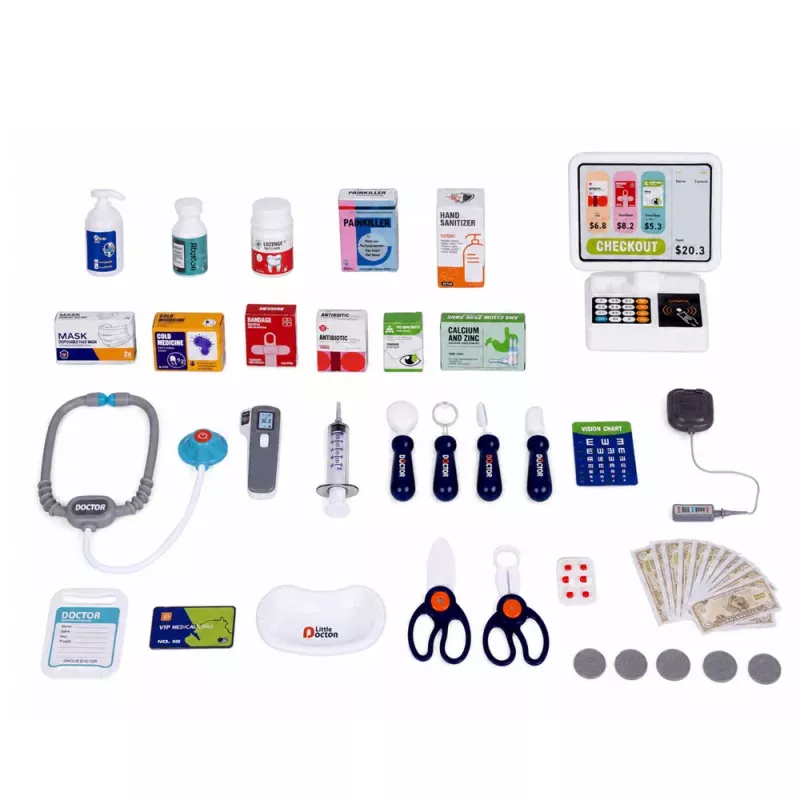 LEAN TOYS Grande Conjunto de Médico com Mesa de Tratamento, Luzes, Sons e Acessórios, 61 peças