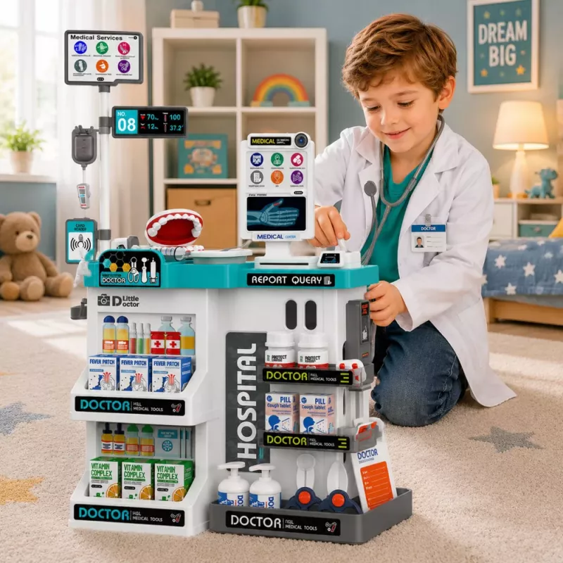 LEAN TOYS Grande Conjunto de Médico com Mesa de Tratamento, Luzes, Sons e Acessórios, 61 peças