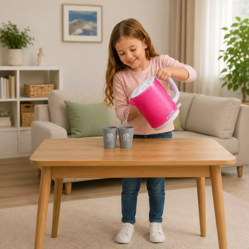 LEAN TOYS Chaleira de Criança com Conjunto de Chávenas, Sons de Cozinhar, Luzes, Rosa