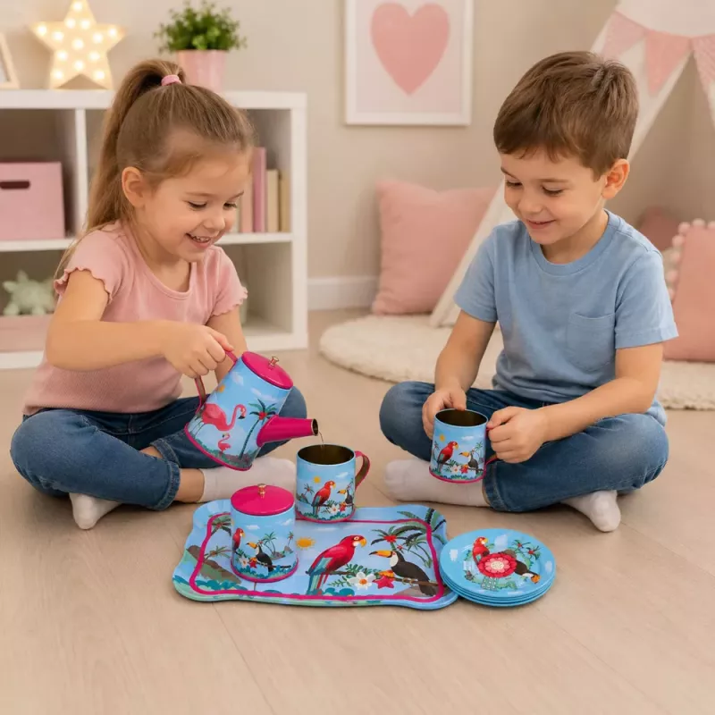 LEAN TOYS Serviço de chá com papagaios, metal, padrão exótico, 12 peças