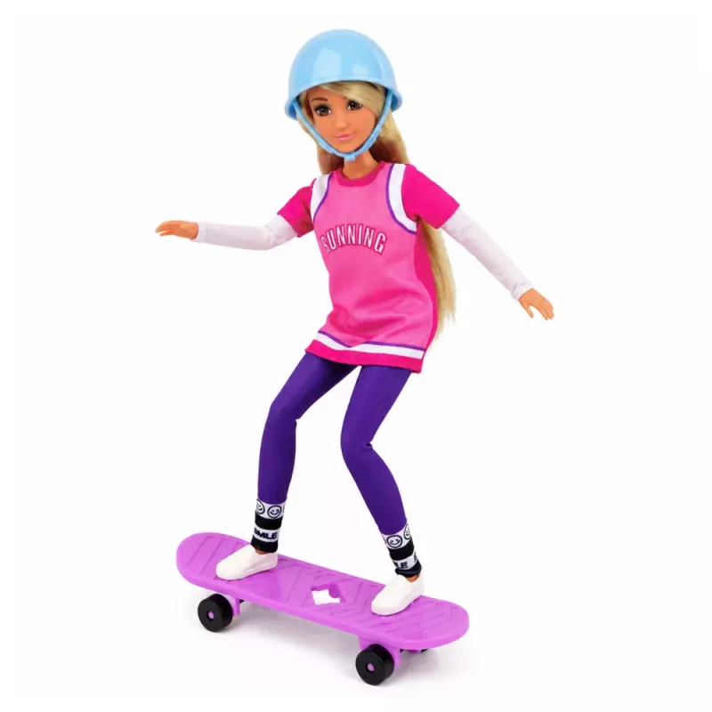 LEAN TOYS Boneca Anlily com skate roxo, capacete e conjunto de sweatshirt comprido