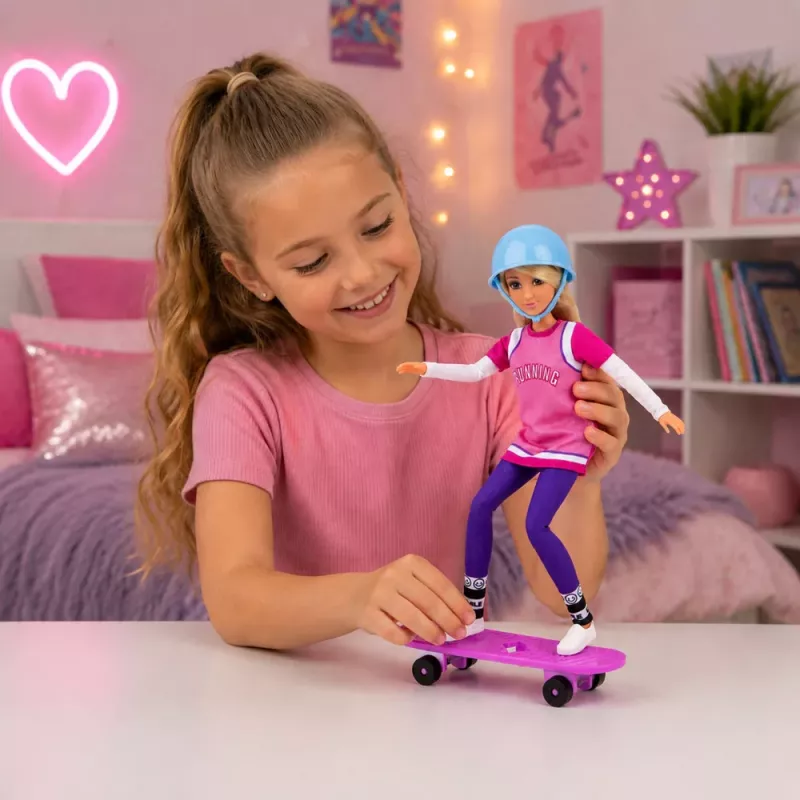 LEAN TOYS Boneca Anlily com skate roxo, capacete e conjunto de sweatshirt comprido
