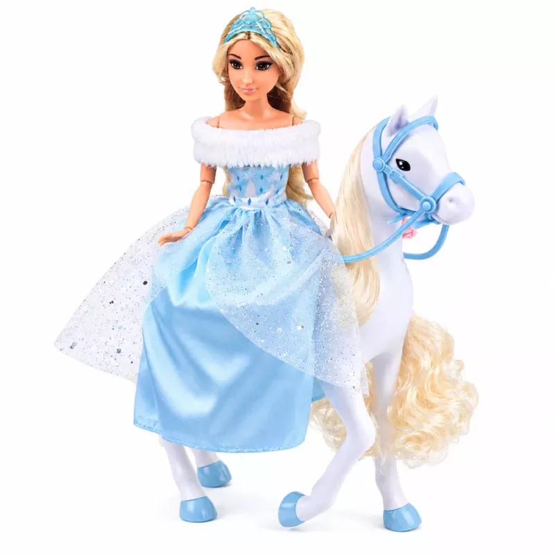 LEAN TOYS Boneca Anlily em cavalo branco princesa em vestido azul acessórios
