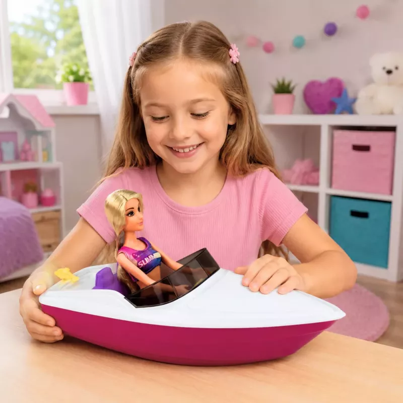 LEAN TOYS Boneca Anlily em barco a motor com cão, colete salva-vidas, prancha de surf e conjunto de acessórios