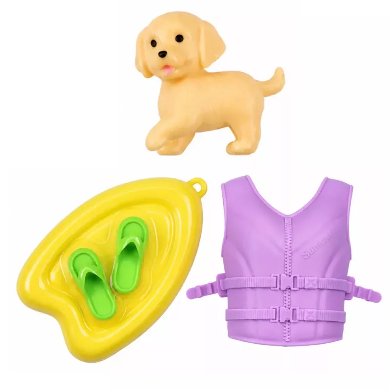 LEAN TOYS Boneca Anlily em barco a motor com cão, colete salva-vidas, prancha de surf e conjunto de acessórios