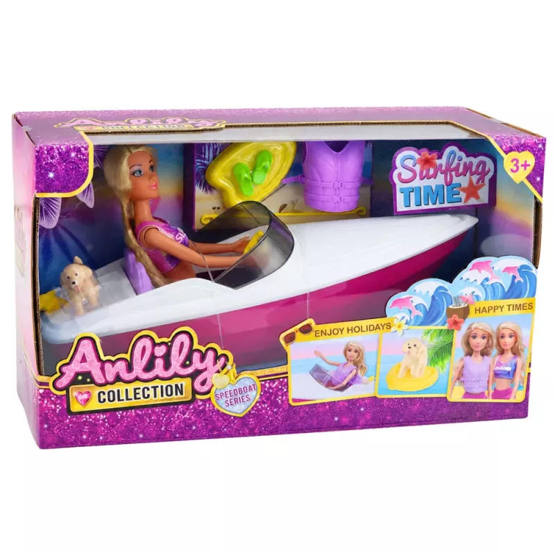 LEAN TOYS Boneca Anlily em barco a motor com cão, colete salva-vidas, prancha de surf e conjunto de acessórios