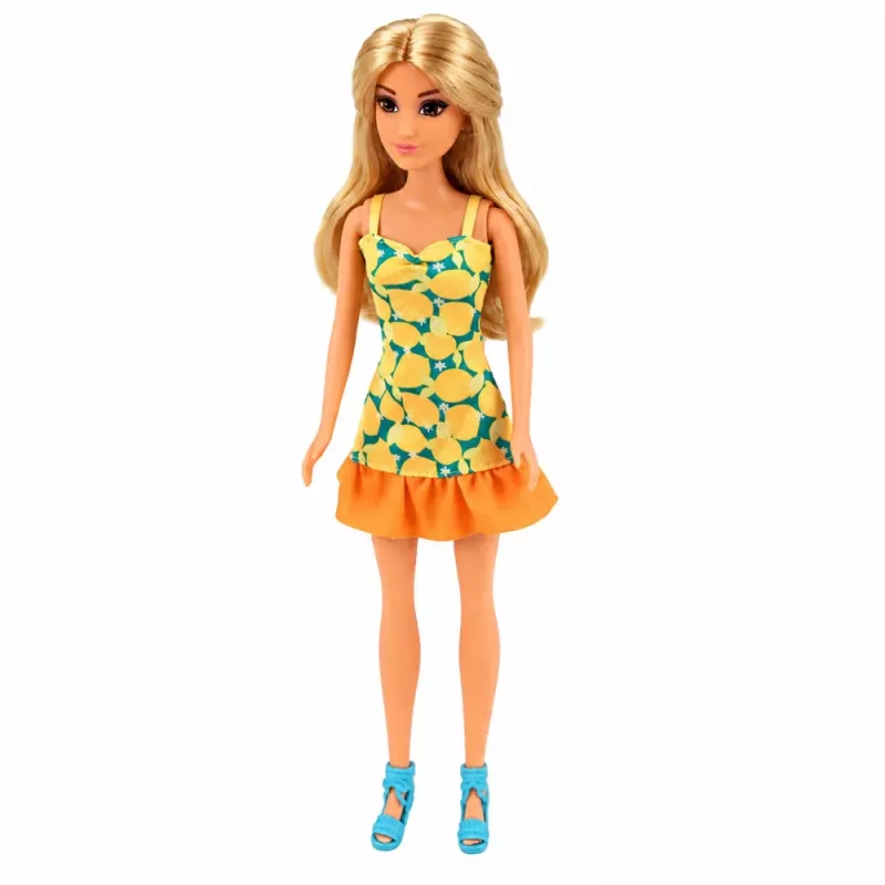 LEAN TOYS Boneca Anlily em vestido amarelo com gatinho, móveis de jardim, chapéu de sol acessórios