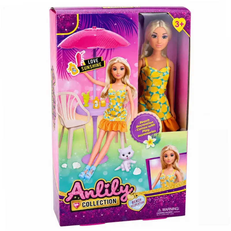 LEAN TOYS Boneca Anlily em vestido amarelo com gatinho, móveis de jardim, chapéu de sol acessórios