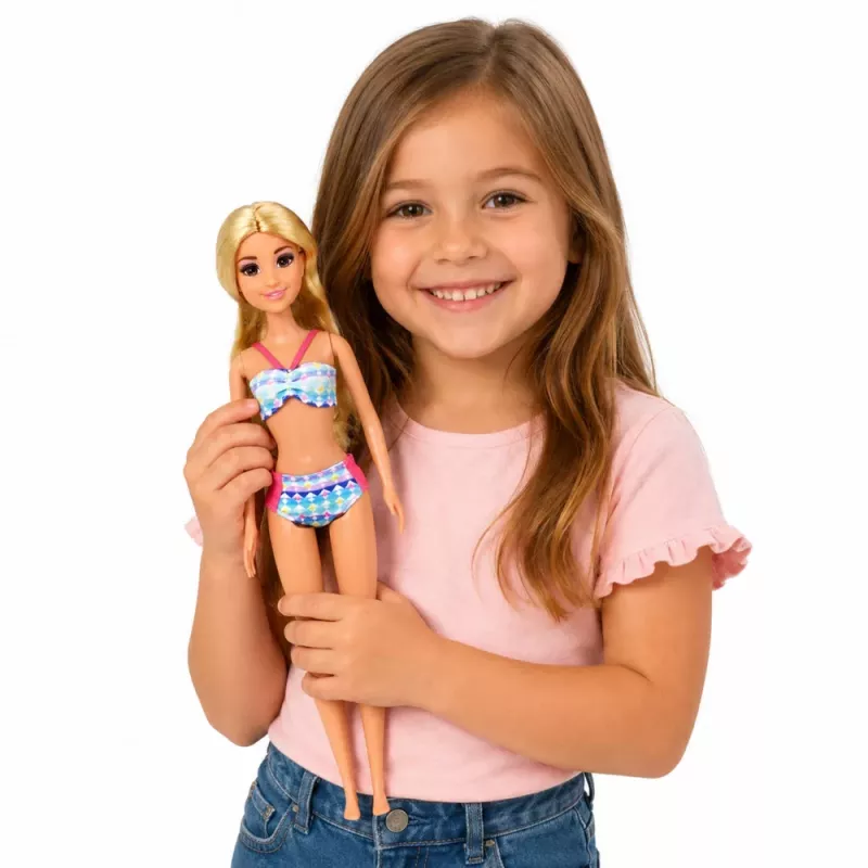LEAN TOYS Boneca Anlily na piscina com escorrega palmeira conjunto de acessórios de praia