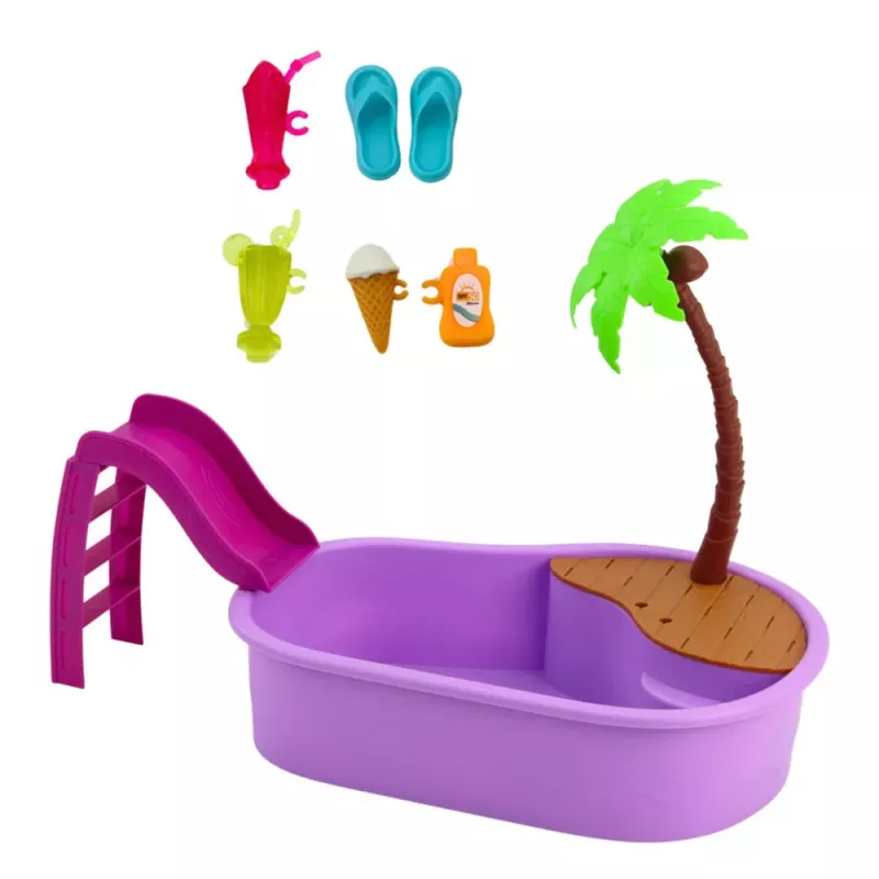 LEAN TOYS Boneca Anlily na piscina com escorrega palmeira conjunto de acessórios de praia