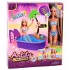 LEAN TOYS Boneca Anlily na piscina com escorrega palmeira conjunto de acessórios de praia