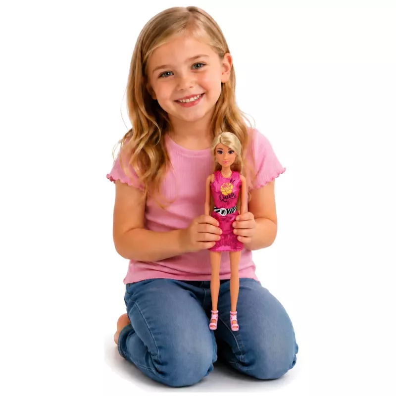 LEAN TOYS Boneca Anlily em vestido rosa, mala de mão, joias, conjunto de acessórios