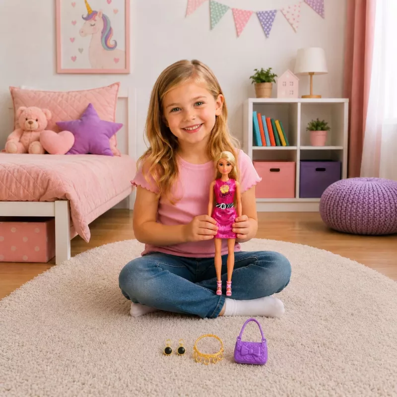 LEAN TOYS Boneca Anlily em vestido rosa, mala de mão, joias, conjunto de acessórios