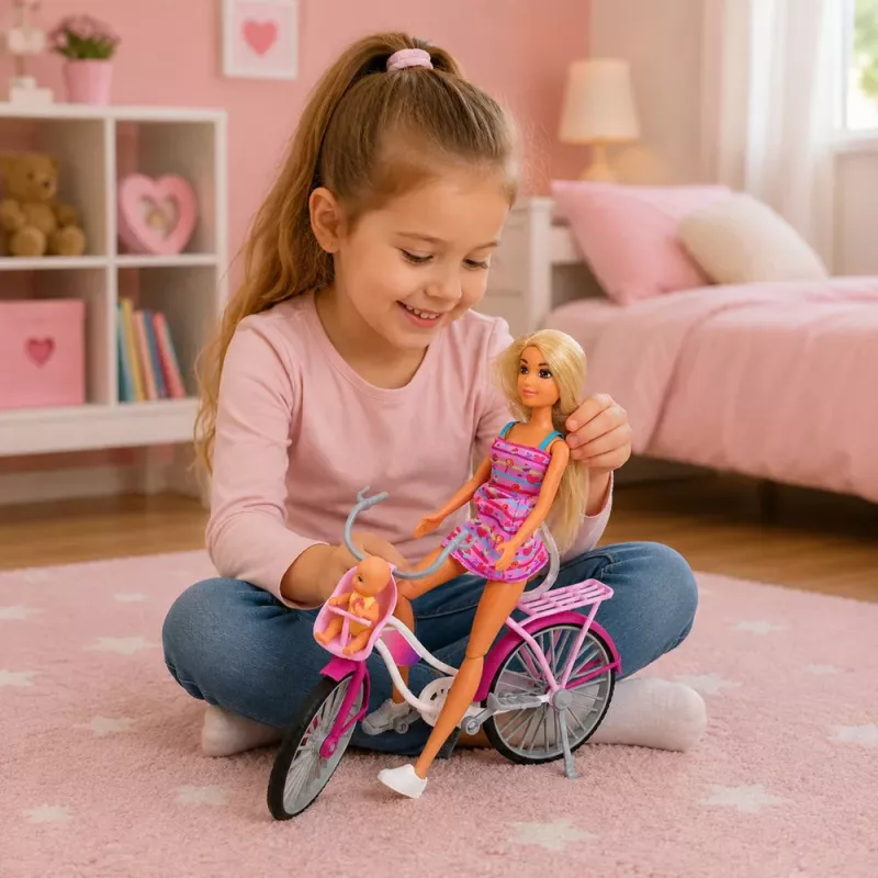 LEAN TOYS Boneca Anlily em vestido rosa com bicicleta e cadeira de bebé conjunto