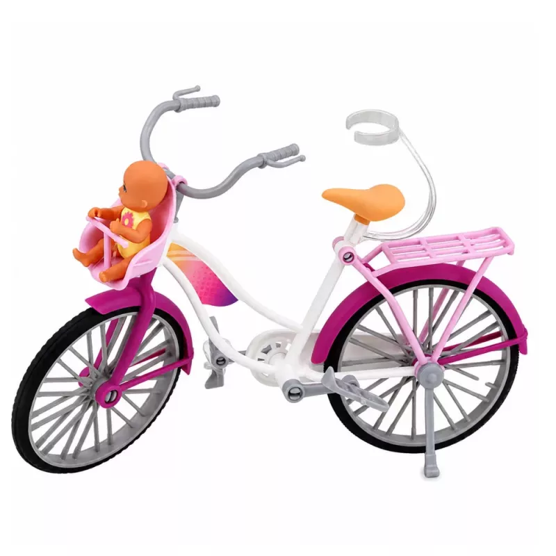 LEAN TOYS Boneca Anlily em vestido rosa com bicicleta e cadeira de bebé conjunto