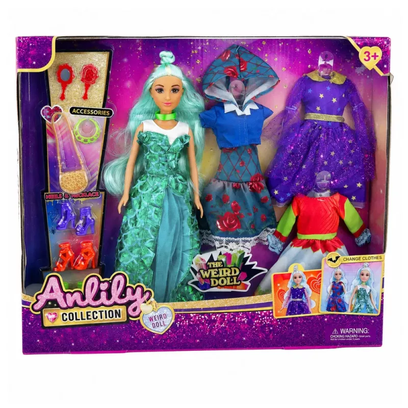 LEAN TOYS Boneca Anlily Weird com fatos de fantasia, vestidos, acessórios, sapatos