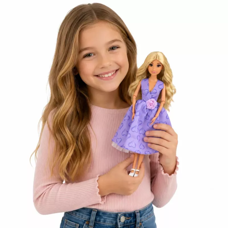 LEAN TOYS Boneca de moda Anlily em vestido roxo com corações e conjunto de acessórios de bolsa