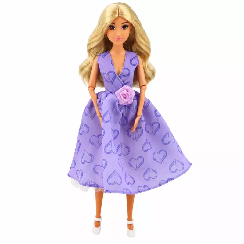 LEAN TOYS Boneca de moda Anlily em vestido roxo com corações e conjunto de acessórios de bolsa