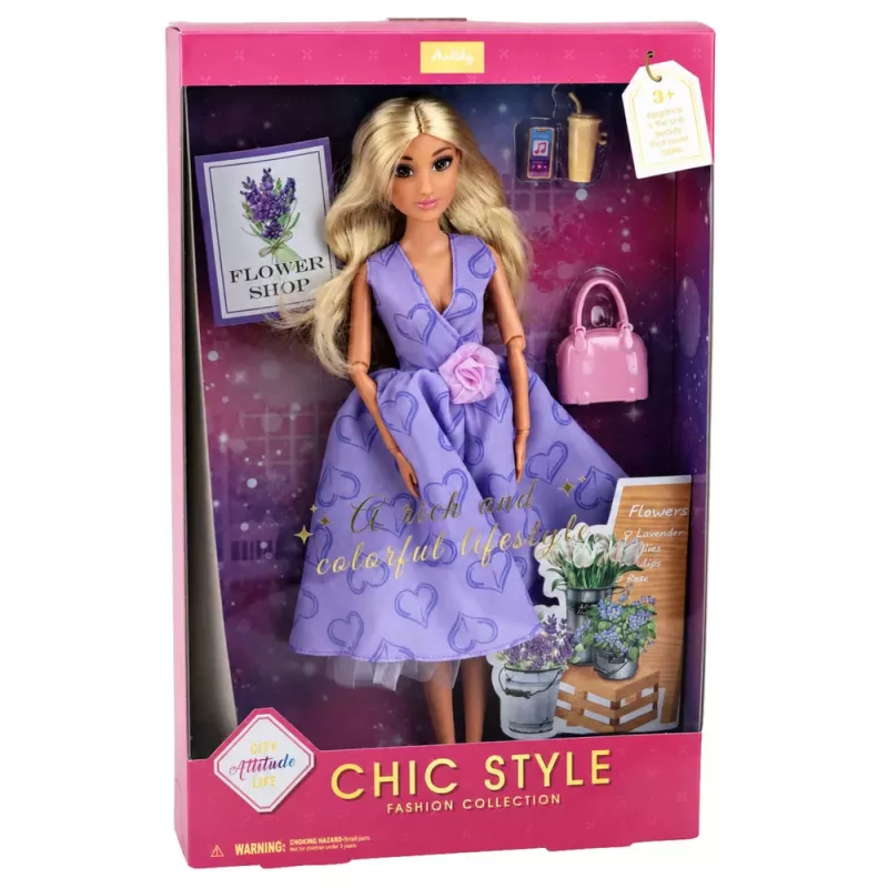 LEAN TOYS Boneca de moda Anlily em vestido roxo com corações e conjunto de acessórios de bolsa