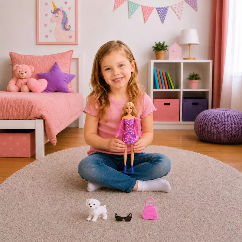 LEAN TOYS Boneca de moda Anlily em vestido rosa, cão branco, bolsa, conjunto de óculos