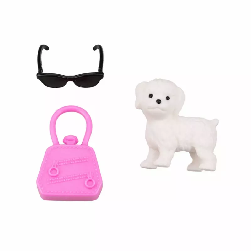 LEAN TOYS Boneca de moda Anlily em vestido rosa, cão branco, bolsa, conjunto de óculos