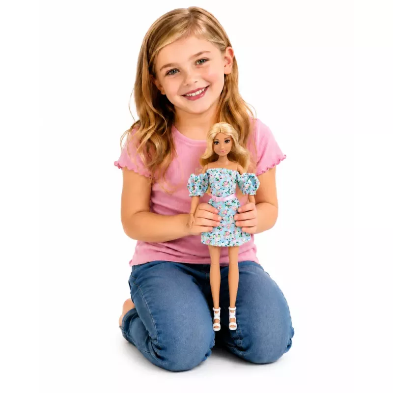 LEAN TOYS Boneca de moda Anlily em vestido floral azul, saco e conjunto de acessórios