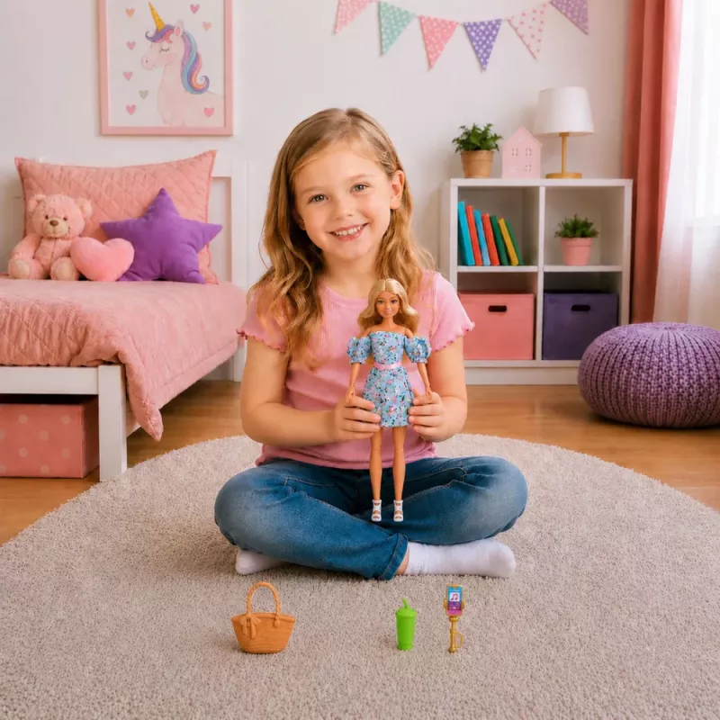 LEAN TOYS Boneca de moda Anlily em vestido floral azul, saco e conjunto de acessórios