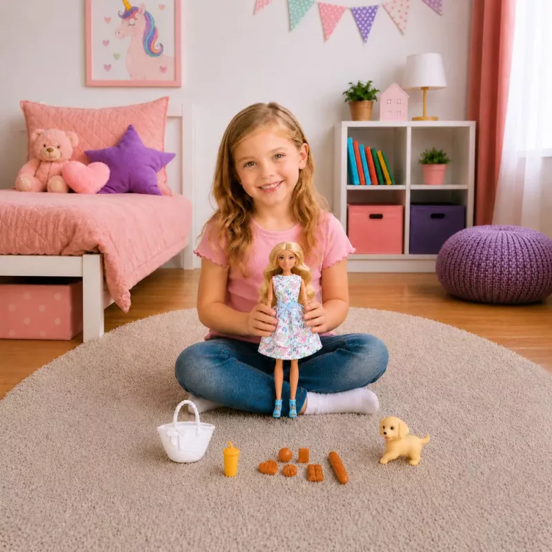 LEAN TOYS Boneca Anlily com cão, vestido de flores, saco, snacks, conjunto de acessórios
