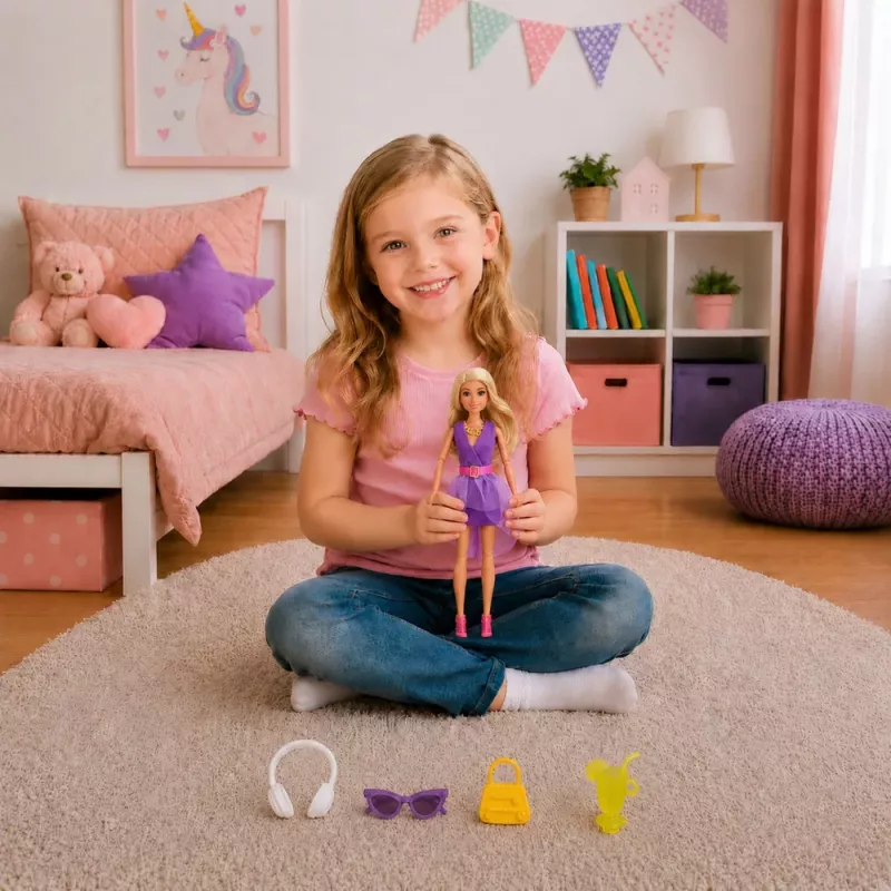 LEAN TOYS Boneca de moda Anlily em vestido roxo com auscultadores e conjunto de acessórios